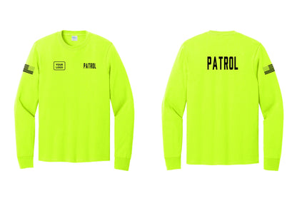 NYC Factory Custom Logo Patrol Cotton Long Sleeve T-Shirt (Classic) - PATROL + Your Logo + Back + US Flag Sleeve - Safety Green