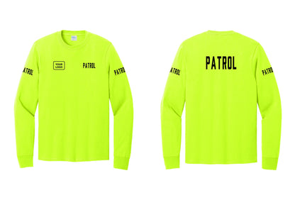 NYC Factory Custom Logo Patrol Cotton Long Sleeve T-Shirt (Classic) - PATROL + Your Logo + Back + Patrol Sleeves - Safety Green