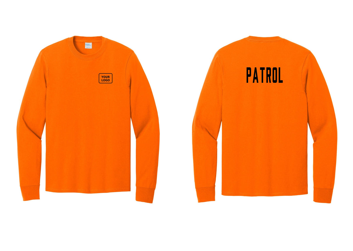 NYC Factory Custom Logo Patrol Cotton Long Sleeve T-Shirt (Classic) - Your Logo + Back - Safety Orange