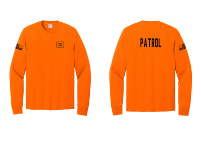 NYC Factory Custom Logo Patrol Cotton Long Sleeve T-Shirt (Classic) - Your Logo + Back + US Flag Sleeve - Safety Orange