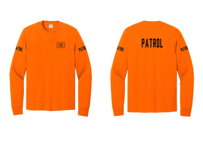 NYC Factory Custom Logo Patrol Cotton Long Sleeve T-Shirt (Classic) - Your Logo + Back + Patrol Sleeves - Safety Orange