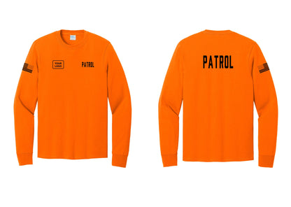 NYC Factory Custom Logo Patrol Cotton Long Sleeve T-Shirt (Classic) - PATROL + Your Logo + Back + US Flag Sleeve - Safety Orange