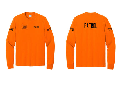 NYC Factory Custom Logo Patrol Cotton Long Sleeve T-Shirt (Classic) - PATROL + Your Logo + Back + Patrol Sleeves - Safety Orange