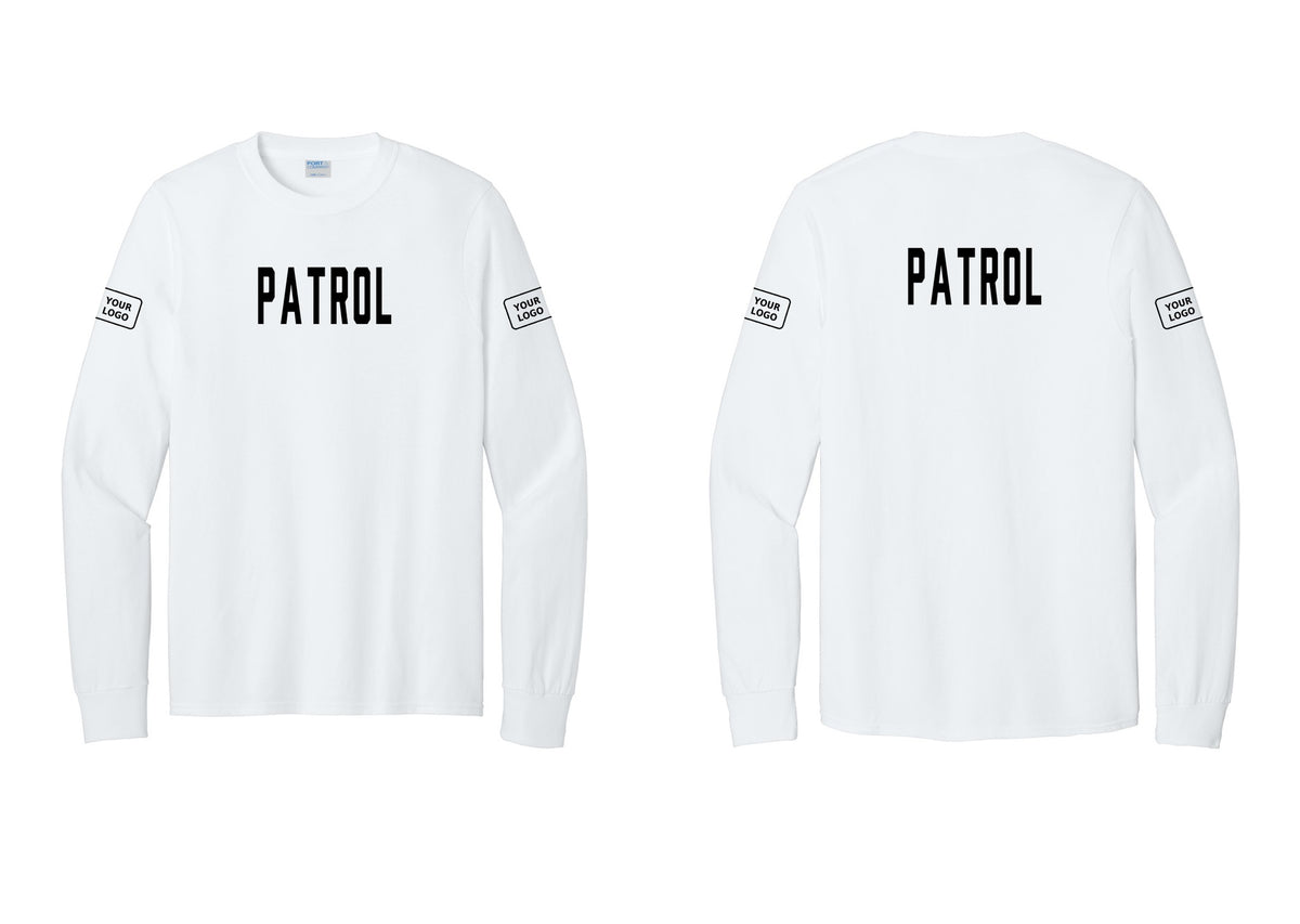 NYC Factory Custom Logo Patrol Cotton Long Sleeve T-Shirt (Classic) - Front + Back + Your Logo Sleeves - White