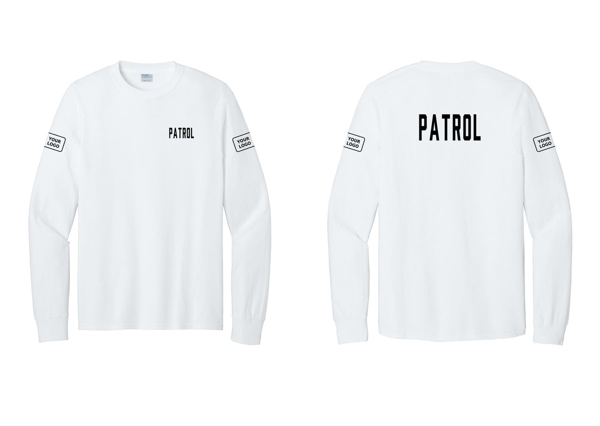 NYC Factory Custom Logo Patrol Cotton Long Sleeve T-Shirt (Classic) - Chest + Back + Your Logo Sleeves - White