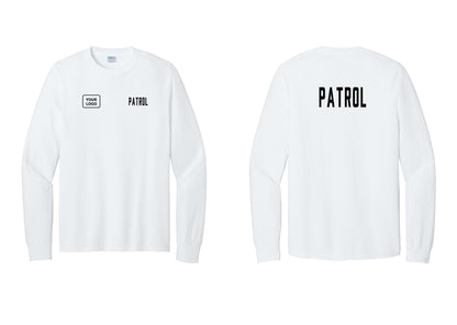 NYC Factory Custom Logo Patrol Cotton Long Sleeve T-Shirt (Classic) - PATROL + Your Logo + Back - White