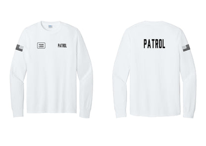 NYC Factory Custom Logo Patrol Cotton Long Sleeve T-Shirt (Classic) - PATROL + Your Logo + Back + US Flag Sleeve - White
