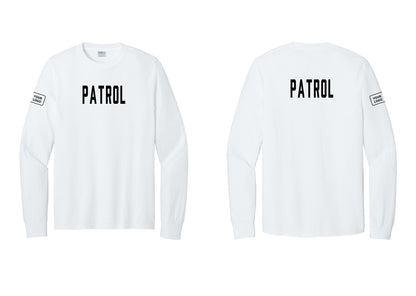 NYC Factory Custom Logo Patrol Cotton Long Sleeve T-Shirt (Classic) - Front + Back + Your Logo Sleeve - White