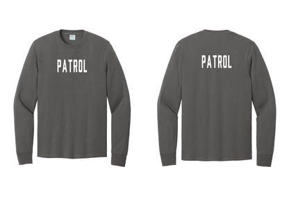 NYC Factory Patrol Cotton Long Sleeve T-Shirt (Classic) - Front + Back - Charcoal