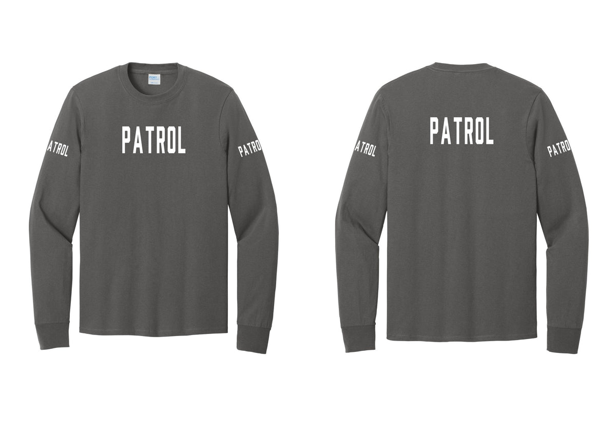 NYC Factory Patrol Cotton Long Sleeve T-Shirt (Classic) - Front + Back + Patrol Sleeves - Charcoal