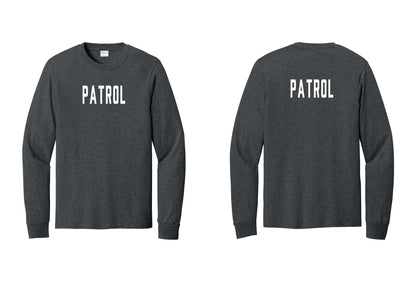 NYC Factory Patrol Cotton Long Sleeve T-Shirt (Classic) - Front + Back - Dark Heather Grey