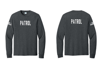 NYC Factory Patrol Cotton Long Sleeve T-Shirt (Classic) - Front + Back + US Flag Sleeve - Dark Heather Grey