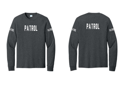 NYC Factory Patrol Cotton Long Sleeve T-Shirt (Classic) - Front + Back + Patrol Sleeves - Dark Heather Grey