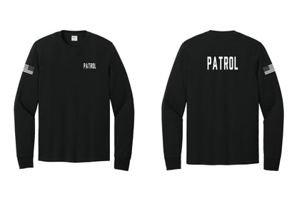 NYC Factory Patrol Cotton Long Sleeve T-Shirt (Classic) - Chest + Back + US Flag Sleeve - Black