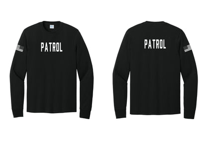 NYC Factory Patrol Cotton Long Sleeve T-Shirt (Classic) - Front + Back + US Flag Sleeve - Black
