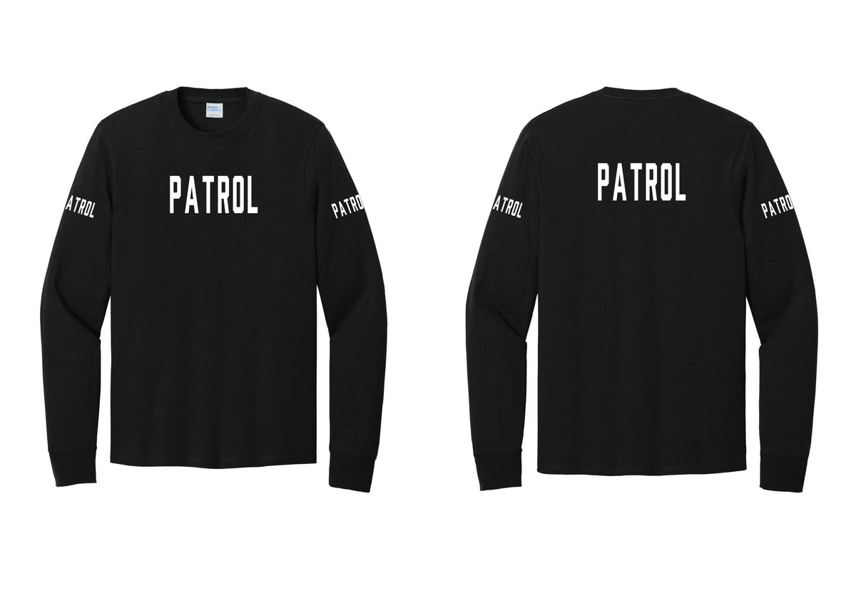 NYC Factory Patrol Cotton Long Sleeve T-Shirt (Classic) - Front + Back + Patrol Sleeves - Black