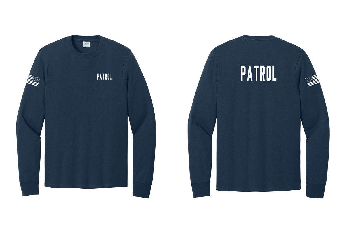 NYC Factory Patrol Cotton Long Sleeve T-Shirt (Classic) - Chest + Back + US Flag Sleeve - Navy