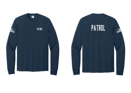 NYC Factory Patrol Cotton Long Sleeve T-Shirt (Classic) - Chest + Back + US Flag Sleeve - Navy