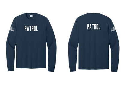NYC Factory Patrol Cotton Long Sleeve T-Shirt (Classic) - Front + Back + US Flag Sleeve - Navy