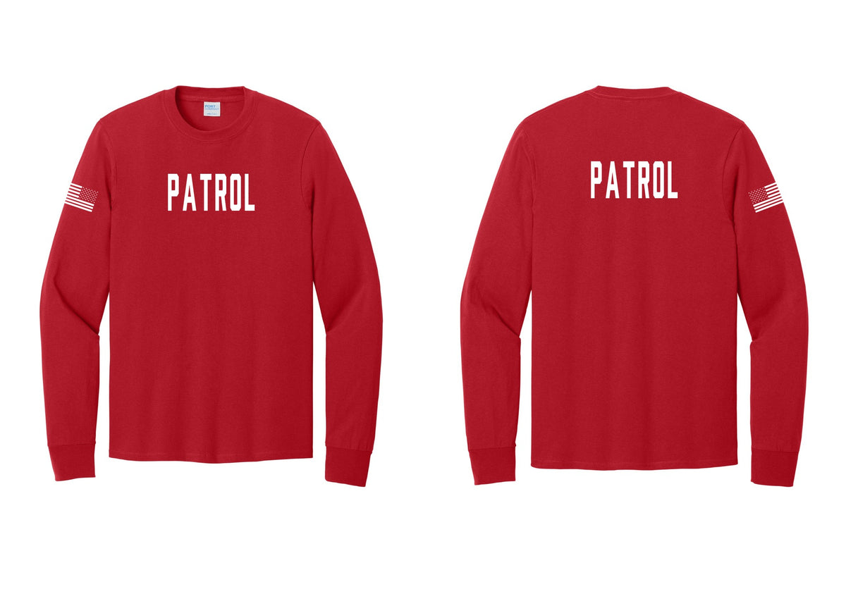 NYC Factory Patrol Cotton Long Sleeve T-Shirt (Classic) - Front + Back + US Flag Sleeve - Red