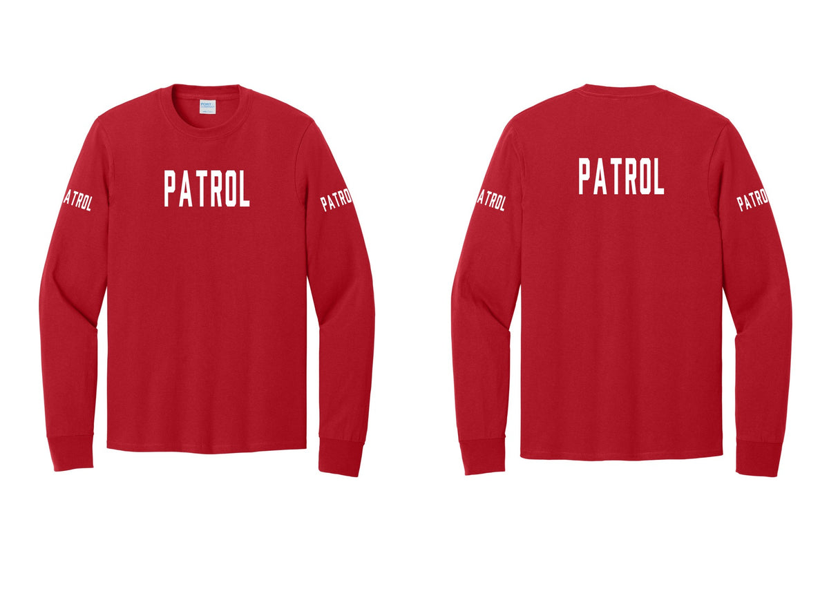 NYC Factory Patrol Cotton Long Sleeve T-Shirt (Classic) - Front + Back + Patrol Sleeves - Red