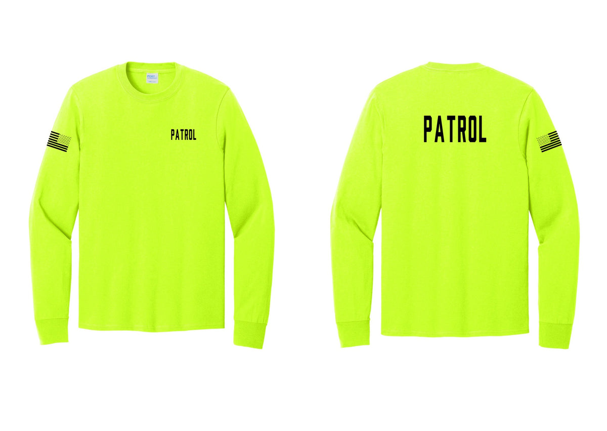 NYC Factory Patrol Cotton Long Sleeve T-Shirt (Classic) - Chest + Back + US Flag Sleeve - Safety Green