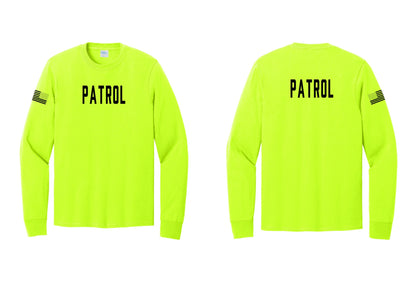 NYC Factory Patrol Cotton Long Sleeve T-Shirt (Classic) - Front + Back + US Flag Sleeve - Safety Green