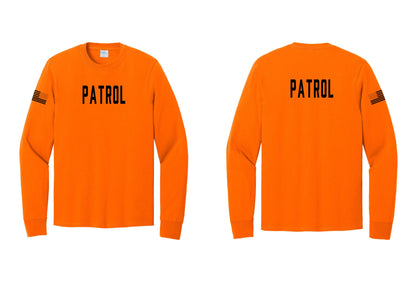 NYC Factory Patrol Cotton Long Sleeve T-Shirt (Classic) - Front + Back + US Flag Sleeve - Safety Orange