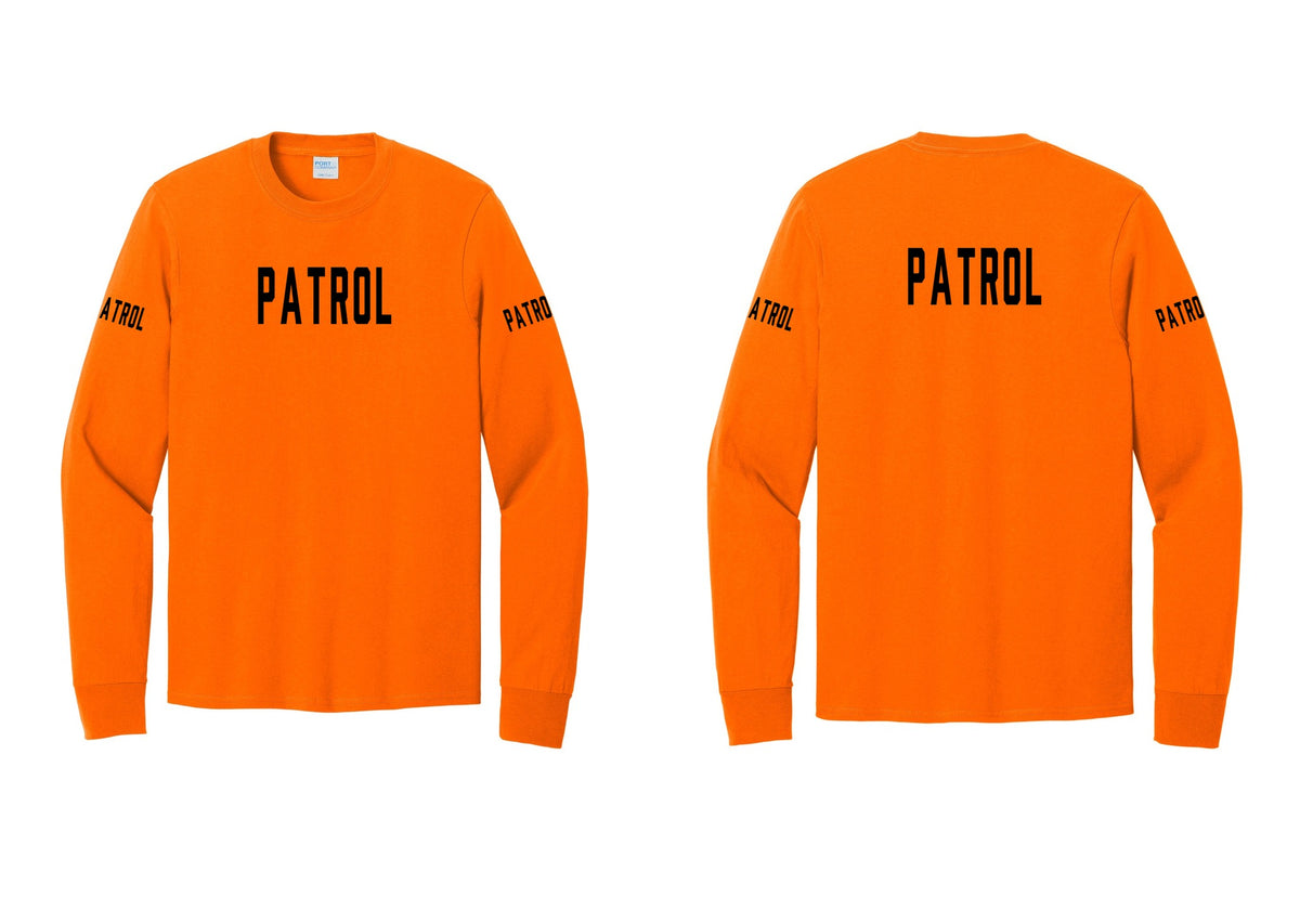 NYC Factory Patrol Cotton Long Sleeve T-Shirt (Classic) - Front + Back + Patrol Sleeves - Safety Orange