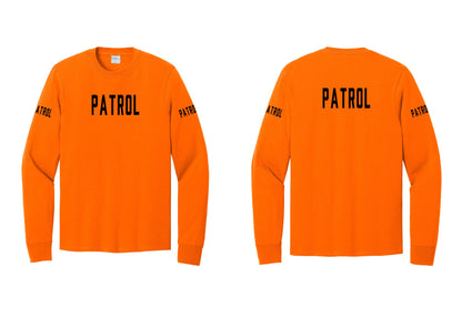 NYC Factory Patrol Cotton Long Sleeve T-Shirt (Classic) - Front + Back + Patrol Sleeves - Safety Orange