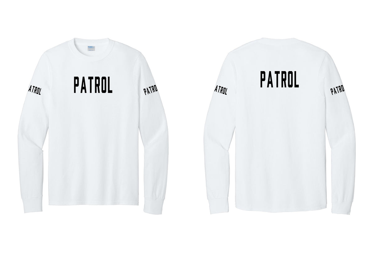 NYC Factory Patrol Cotton Long Sleeve T-Shirt (Classic) - Front + Back + Patrol Sleeves - White