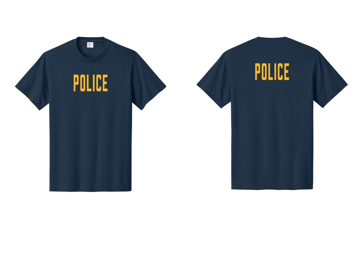 NYC Factory Police T-Shirt, Condensed Lettering - Front + Back - Navy / Gold