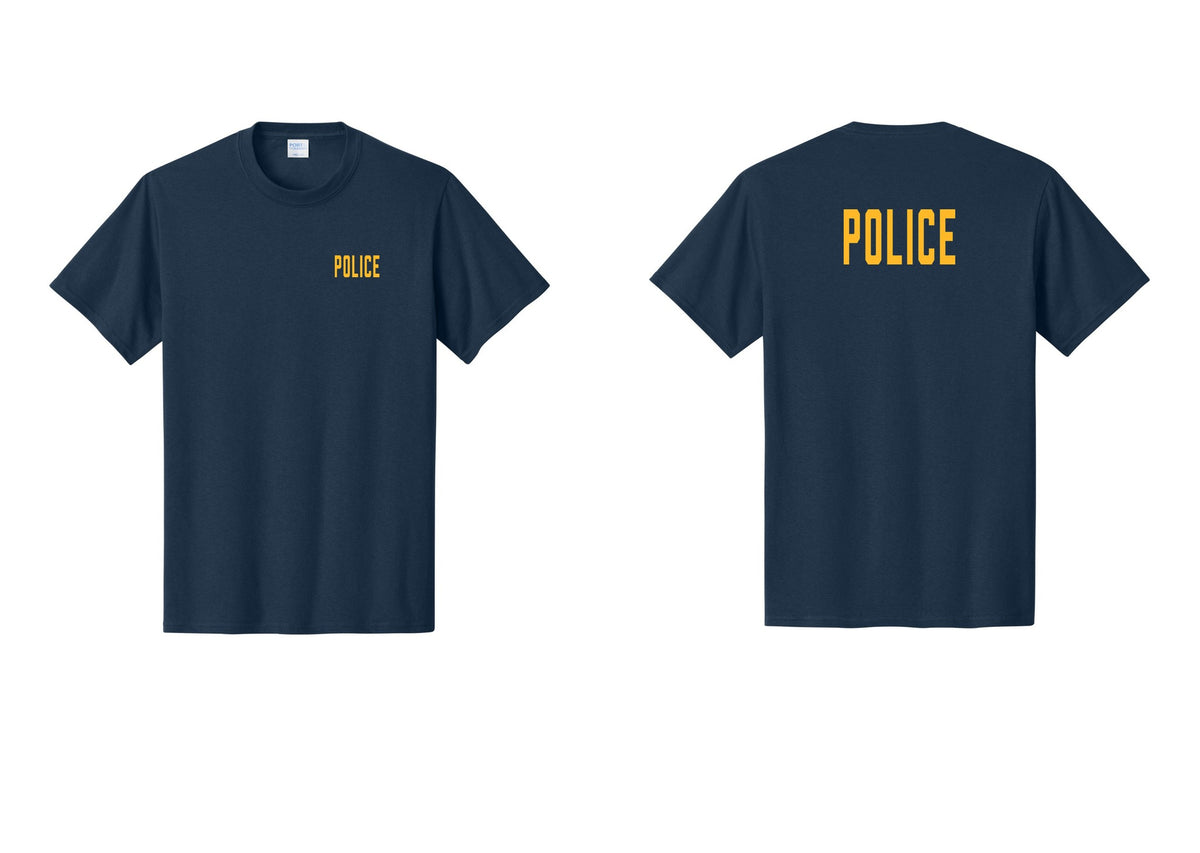 NYC Factory Police T-Shirt, Condensed Lettering - Chest + Back - Navy / Gold
