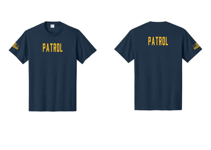 NYC Factory Patrol T-Shirt for Security & Event Teams (Classic) - Front + Back + US Flag Sleeve - Navy / Gold