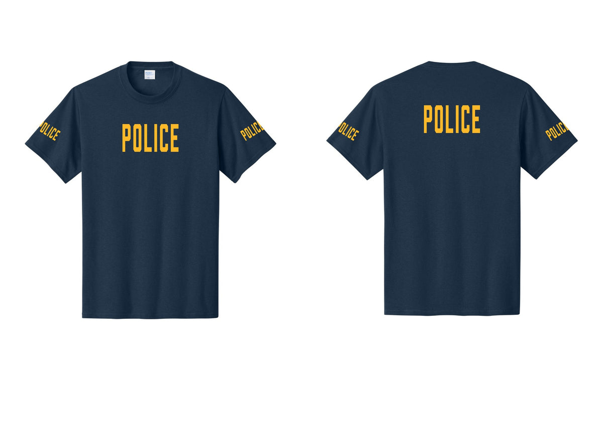 NYC Factory Police T-Shirt, Condensed Lettering - Front + Back + Police Sleeves - Navy / Gold
