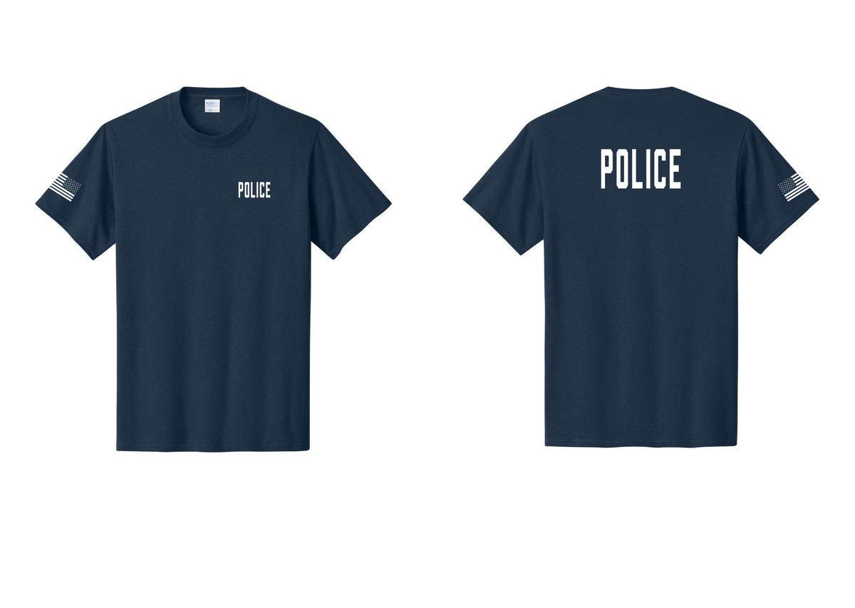 NYC Factory Police T-Shirt, Condensed Lettering - Chest + Back + US Flag Sleeve - Navy