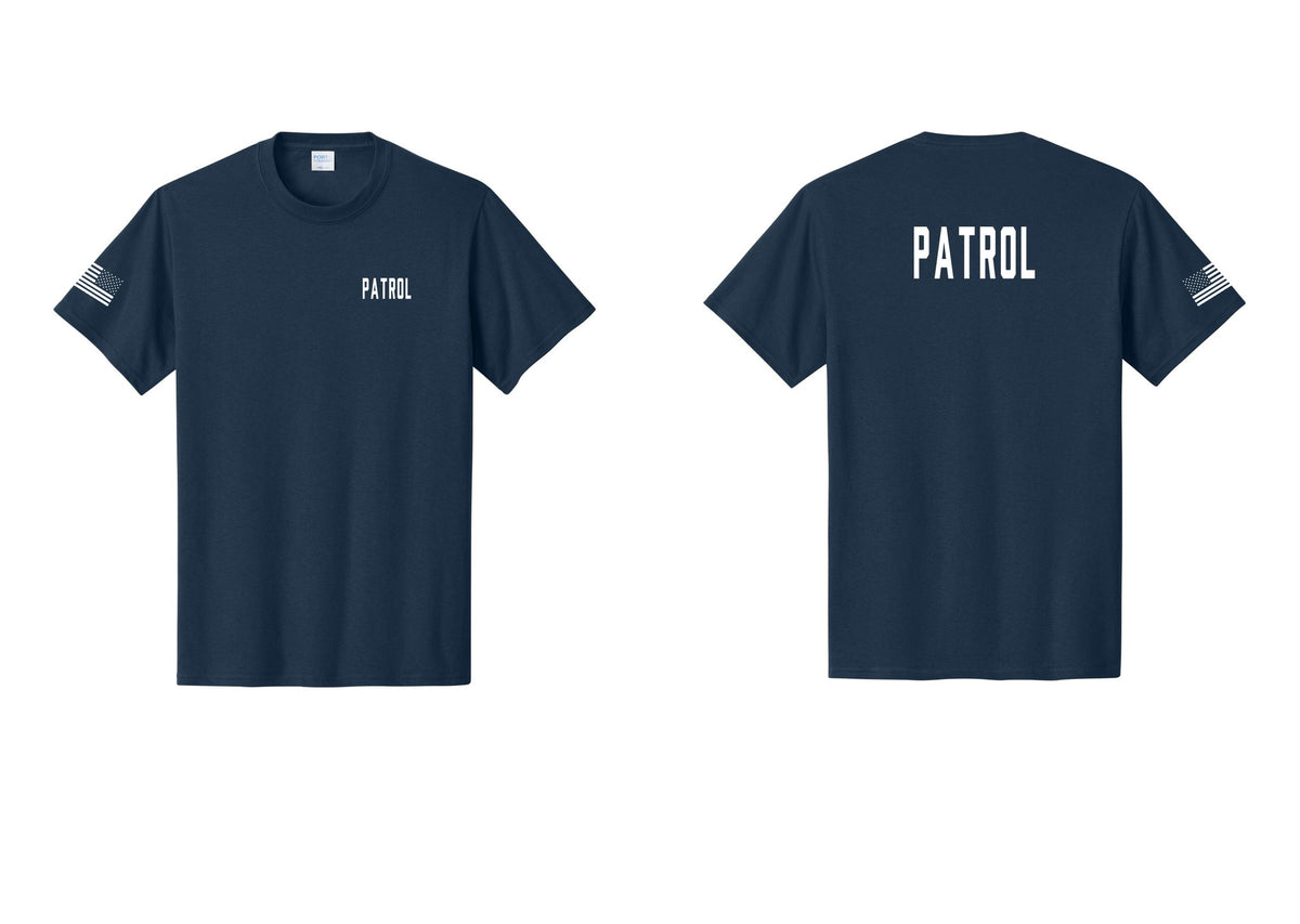 NYC Factory Patrol T-Shirt for Security & Event Teams (Classic) - Chest + Back + US Flag Sleeve - Navy