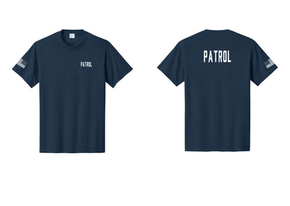 NYC Factory Patrol T-Shirt for Security & Event Teams (Classic) - Chest + Back + US Flag Sleeve - Navy