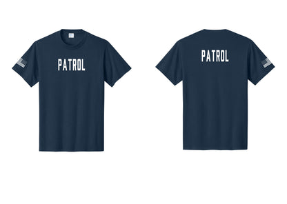 NYC Factory Patrol T-Shirt for Security & Event Teams (Classic) - Front + Back + US Flag Sleeve - Navy