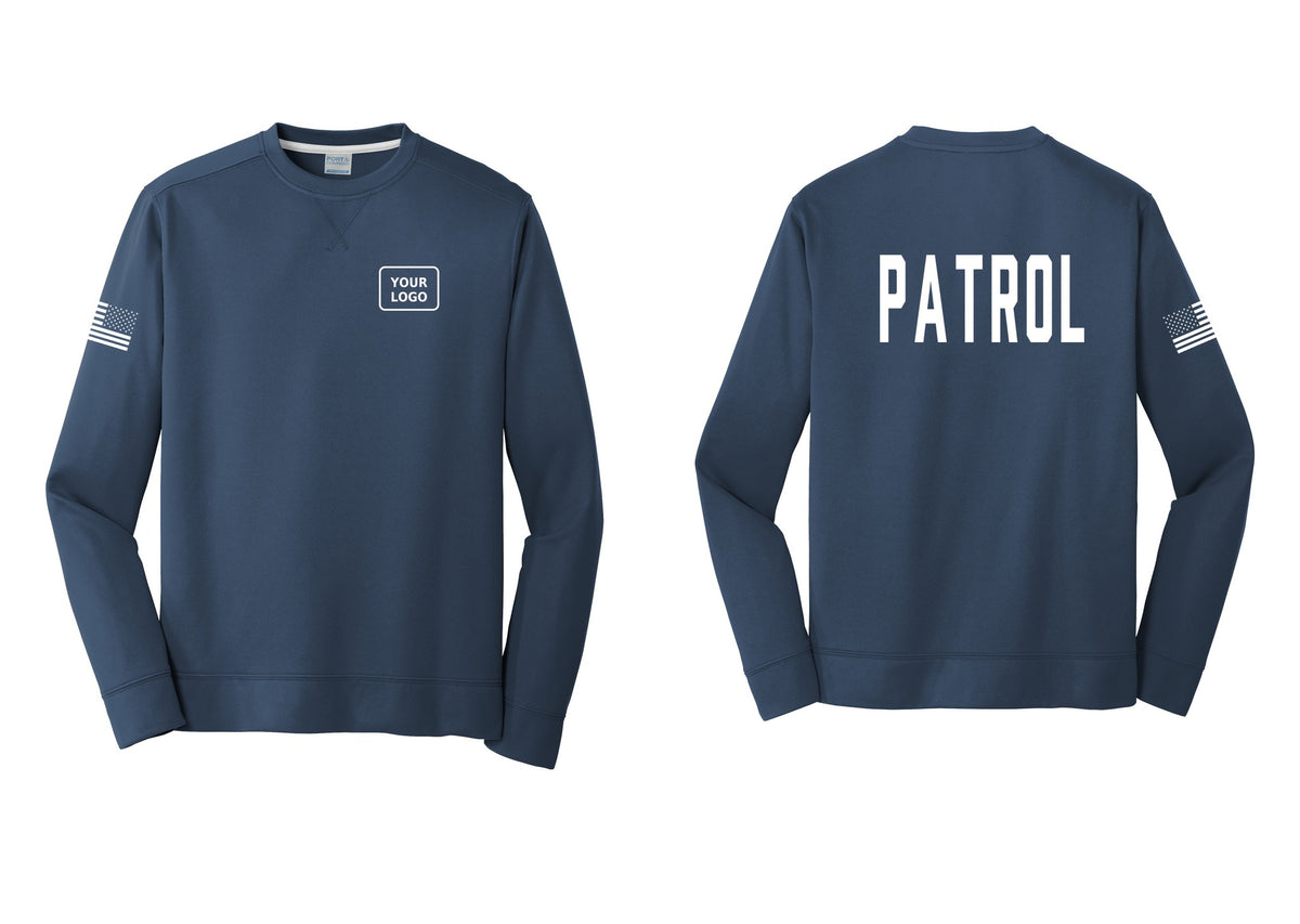 NYC Factory Custom Logo Patrol Performance Fleece Crewneck Sweatshirt (Classic) - Your Logo + Back + US Flag Sleeve - Navy