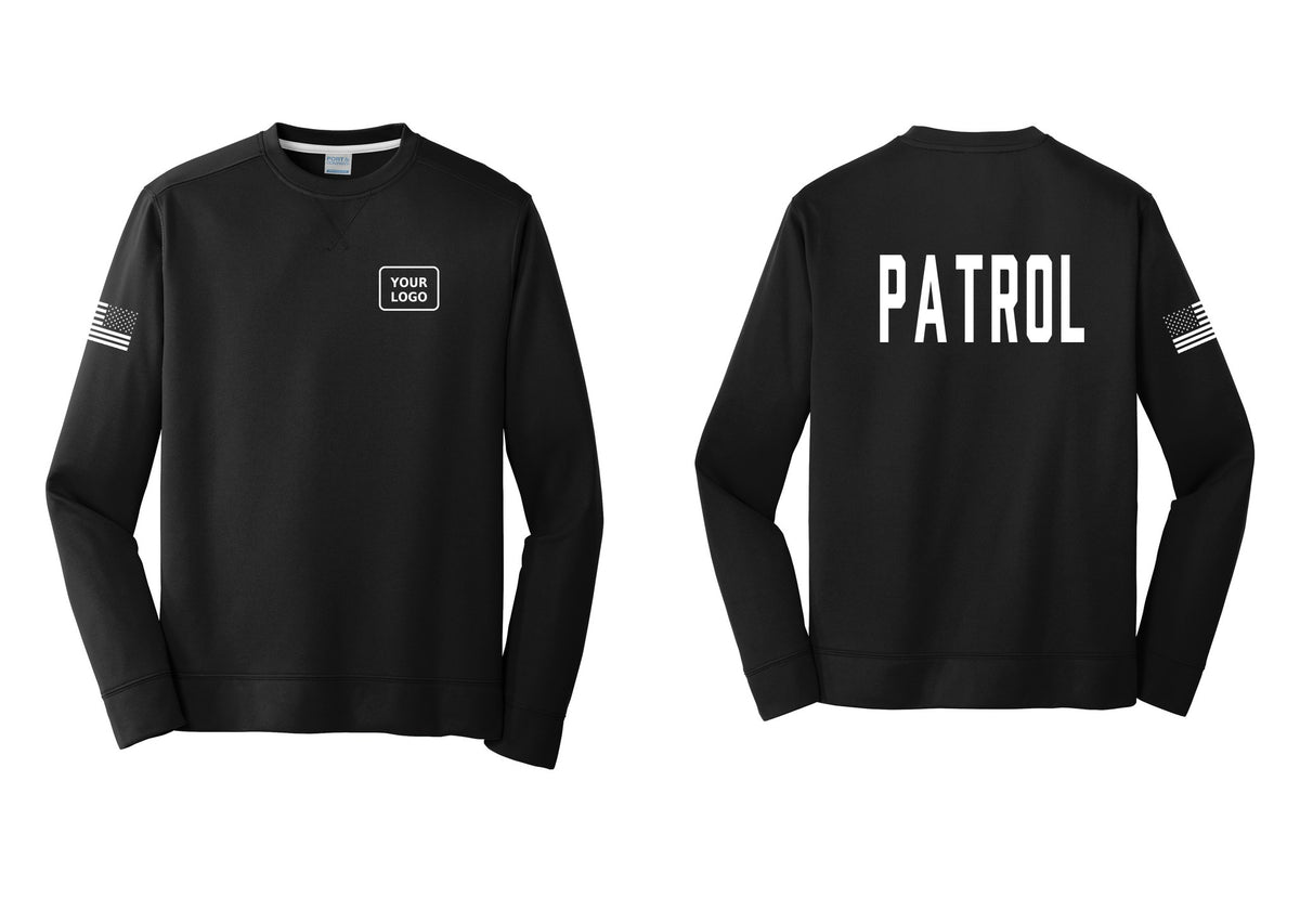 NYC Factory Custom Logo Patrol Performance Fleece Crewneck Sweatshirt (Classic) - Your Logo + Back + US Flag Sleeve - Black