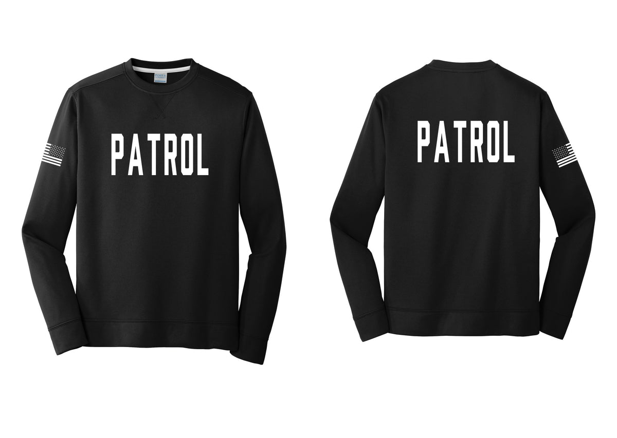 NYC Factory Patrol Performance Fleece Crewneck Sweatshirt (Classic) - Front + Back + US Flag Sleeve - Black