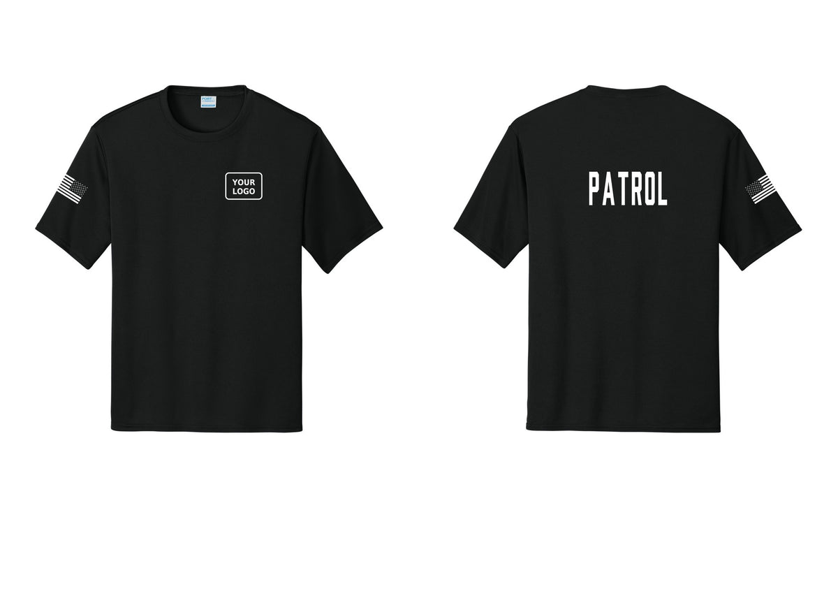 NYC Factory Custom Logo Patrol Performance T-Shirt (Classic) - Your Logo + Back + US Flag Sleeve - Black