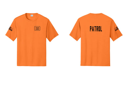 NYC Factory Custom Logo Patrol Performance T-Shirt (Classic) - Your Logo + Back + US Flag Sleeve - Neon Orange