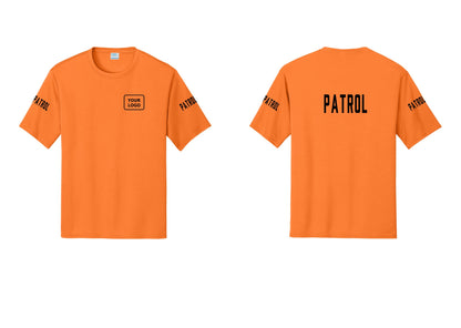 NYC Factory Custom Logo Patrol Performance T-Shirt (Classic) - Your Logo + Back + Patrol Sleeves - Neon Orange
