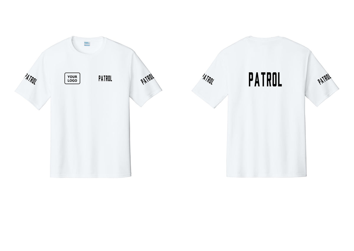 NYC Factory Custom Logo Patrol Performance T-Shirt (Classic) - PATROL + Your Logo + Back + Patrol Sleeves - White