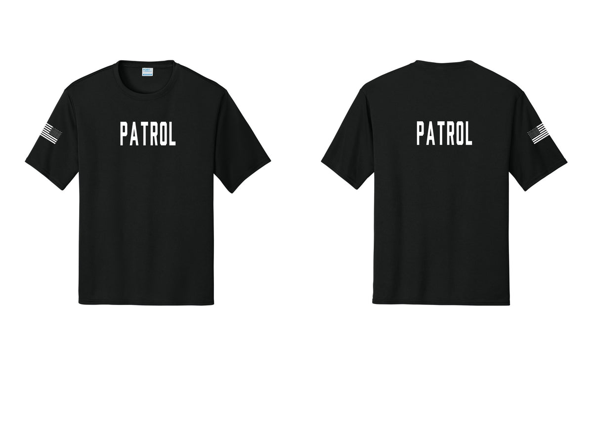 NYC Factory Patrol Performance T-Shirt (Classic) - Front + Back + US Flag Sleeve - Black