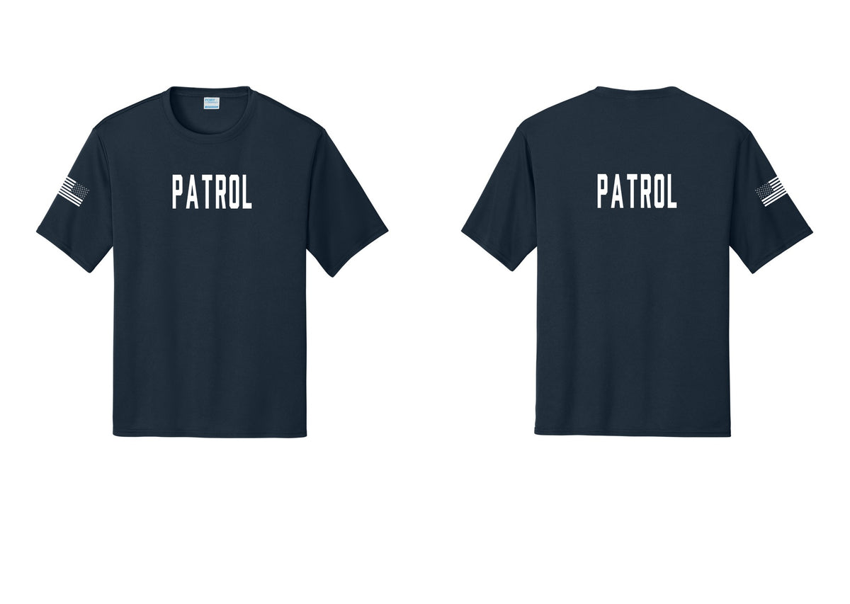 NYC Factory Patrol Performance T-Shirt (Classic) - Front + Back + US Flag Sleeve - Navy