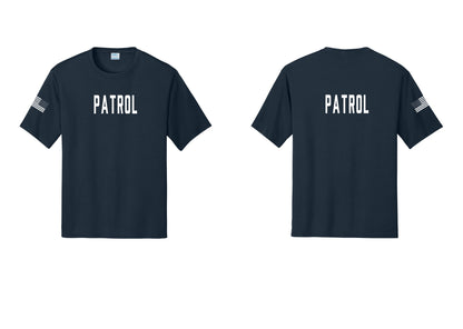 NYC Factory Patrol Performance T-Shirt (Classic) - Front + Back + US Flag Sleeve - Navy