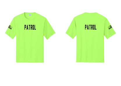NYC Factory Patrol Performance T-Shirt (Classic) - Front + Back + US Flag Sleeve - Neon Green